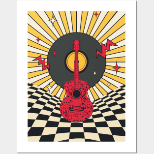 Retro guitar and chess floor Posters and Art